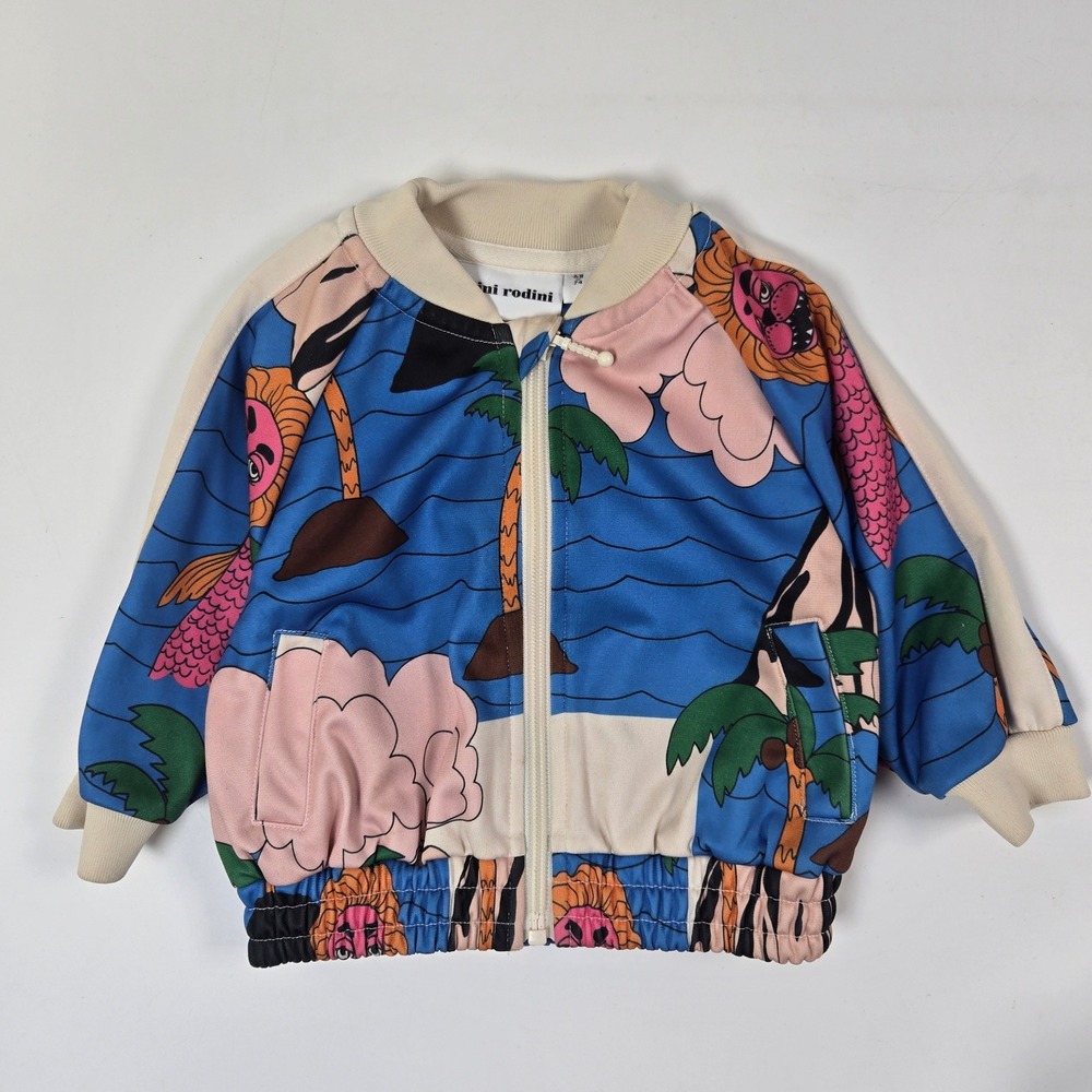 Mini Rodini Track Jacket 68 74 Blue Mermaid Lion Palm Tree Zip Up Bomber Coat